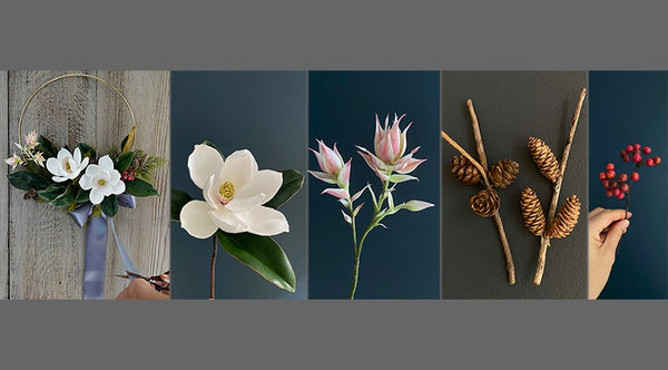 It’s the five-panel image showing the wreath, white magnolia, pink flowers, pinecones, and red berries.