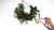 Christmas swag with dark red cosmos flowers, eucalyptus nuts and leaves, evergreen foliage, antique-style frame ornaments, and a dark green ribbon.⠋
